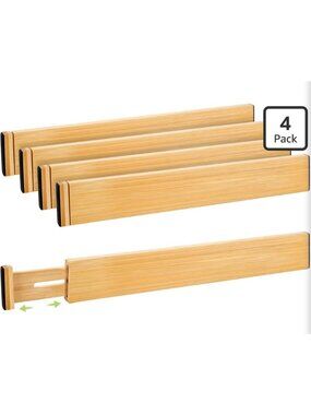 Adjustable Bamboo Drawer Dividers 4 Pack Spring-Loaded Non-Slip Pads Kitchen